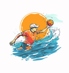 Water Polo Player With Ball In Hand Drawn Style