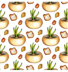 Watercolor Pattern Of Home Flower Potted Grass