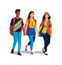 Three Young Adults In Colorful Casual Wear Walking