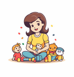 Mother And Children Playing With Toys In Cartoon