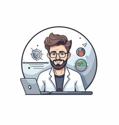 Doctor With Laptop And Medical Icons In Cartoon