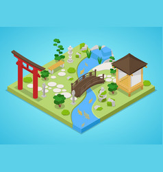 Japanese Garden With Bridge And Trees Isometric