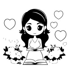 Cute Cartoon Girl Reading A Book With Flowers And