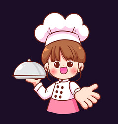 Cute Woman Chef Holding Cloche Food Tray