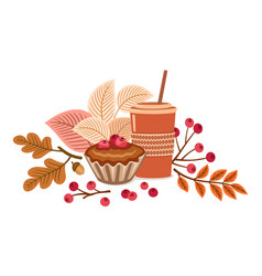 Cupcake And Drink With Fall Foliage Decoration