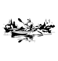 Man Kayaking On The Lake In Cartoon Style