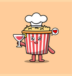 Cute Cartoon Popcorn Chef Holding Wine Glass