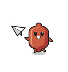 Sausage Cartoon Character Throwing Paper Airplane