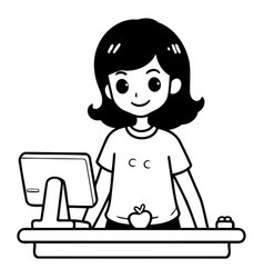 Young Woman Working At The Computer In Cartoon