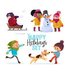 Set Multiracial Kids Playing In Winter Girls