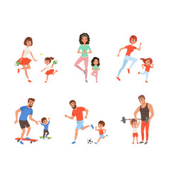 Parents And Kids Doing Sports Together Set Mom