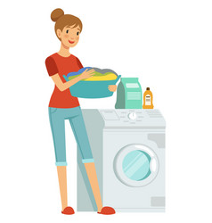 Home Laundry Woman Washing Clothes In Machine