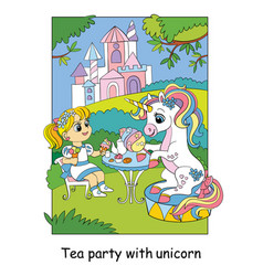 Cute Princess And Unicorn Drink Tea With Sweets