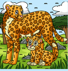 Mother Cheetah And Baby Colored Cartoon