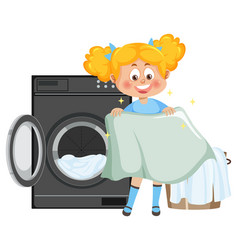 Cartoon Girl Doing Laundry With Washing Machine