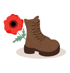 Military Veteran Boot With Red Poppy Flower