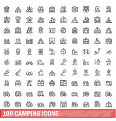 100 Camping Icons Set Outline Style