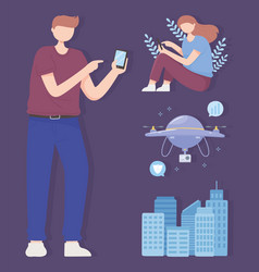 Man And Woman With Mobile Drone Smart City 5g