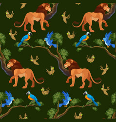 Seamless Pattern Lion And Birds In Tree