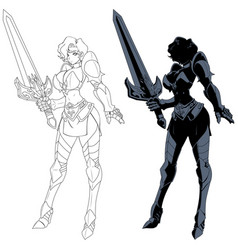 Anime Female Knight Line Art And Silhouette