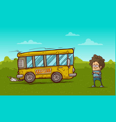 Cartoon Yellow Retro Bus And Angry Boy Character