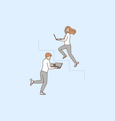 Motivated Employees With Laptops Running Upstairs