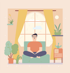 Man Meditating In Living Room Sitting Cross