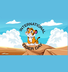 Cute Tiger Cub On A Rock Blue Sky Backdrop