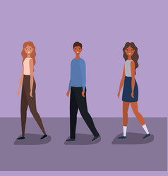 Three Women And Man Cartoons Walking Design