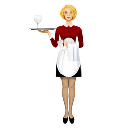 Young Blonde Girl Waiter In Uniform With A Napkin