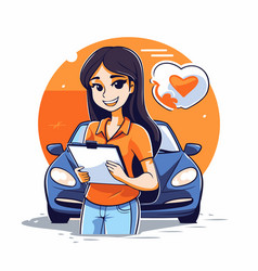 Young Woman With Clipboard And Car In Cartoon