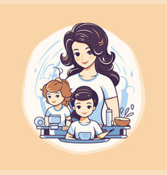 Mother And Her Daughter In The Kitchen In Cartoon