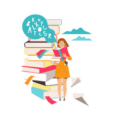 Woman Character Near Huge Stack Of Books Working