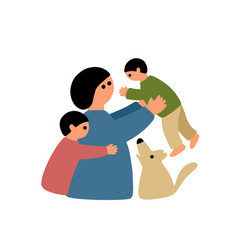 Happy Mother With Two Children And Cute Pet Dog