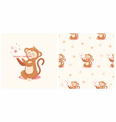 Cute Monkey With Seamless Pattern