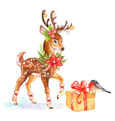 Christmas Deer And Bullfinch Watercolor Isolated