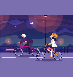 Couple Riding Bike In Night Landscape With Signage