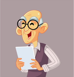 Elderly Man Using A Pc Tablet Cartoon