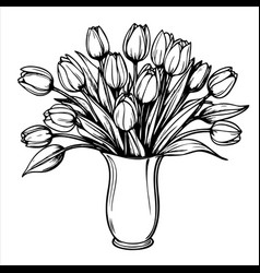 A Vase Tulips Is Drawn In Black And White