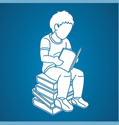 Little Boy Reading A Book And Sitting On Books