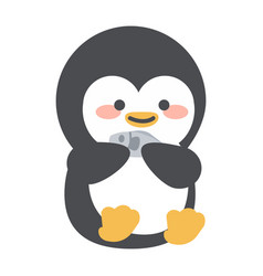 Cute Penguin Eating Fish Flat Cartoon Style