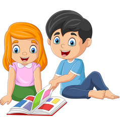 Cartoon Happy Children Reading A Book