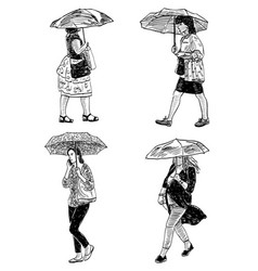 Sketches Urban Women Walking Down Street Under