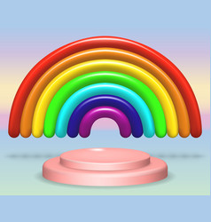 Pink Podium On Blue Sky With Rainbow Background