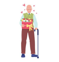 Happy Senior Man With Flowers And Cane Semi Flat