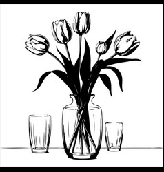 A Vase With Tulips And Glass On Table