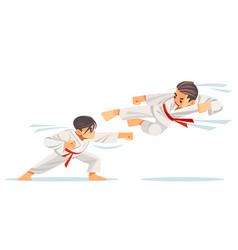 Two Kids Sparing On Karate Makes A High Kick