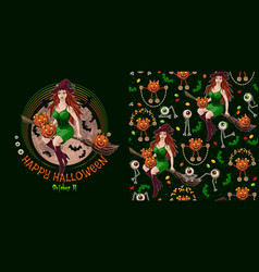 Halloween Pattern Label With Young Witch Pumpkin