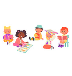 Children Read Books Flat Icons Set Cute Kids