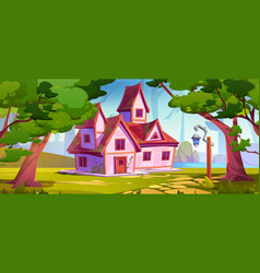 Pink Rural House On Forest Glade Near Lake